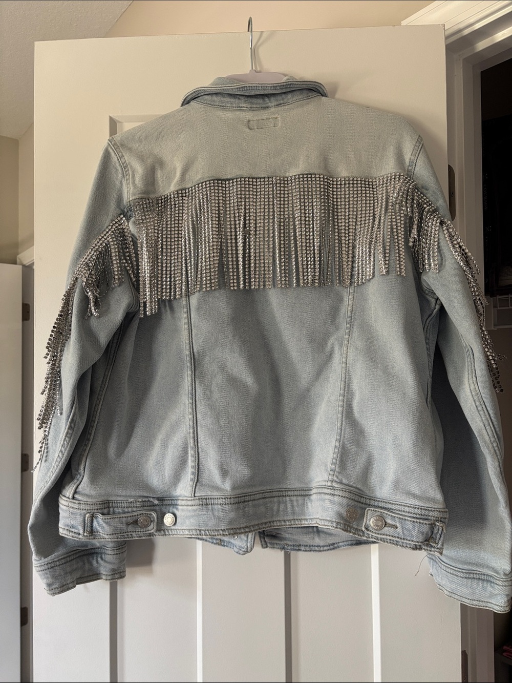 Light Blue Denim Fringe Jacket with Crystal Trim